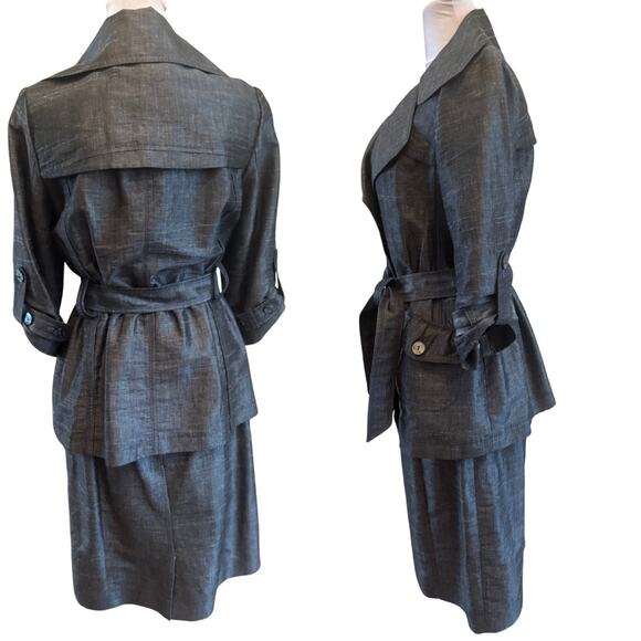 Jon Designer Linen Blend Denim Blue Belted 2 Piece Skirt Suit EUC 6 8 Medium - Picture 5 of 9